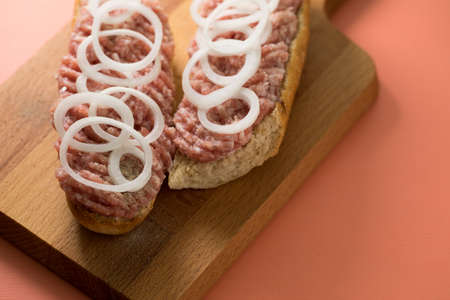Typical German raw ground pork meat with onions on bread rolls