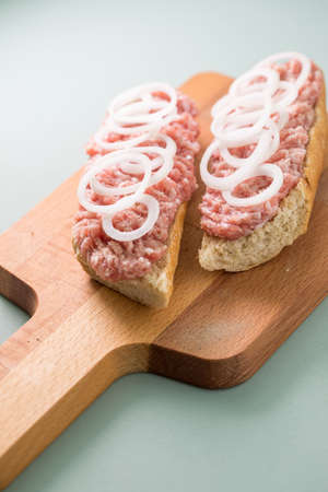 Typical German raw ground pork meat with onions on bread rollsの写真素材