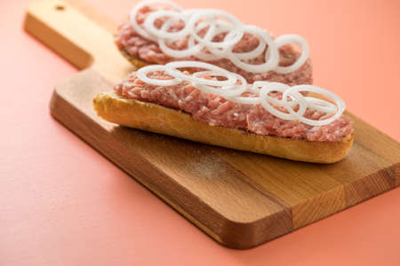 Typical German raw ground pork meat with onions on bread rollsの写真素材