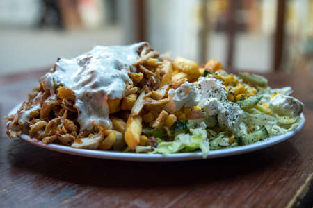German DÃ¶ner Kebab dish with chicken, french fries, salad and garlic sauce on wooden tableの写真素材