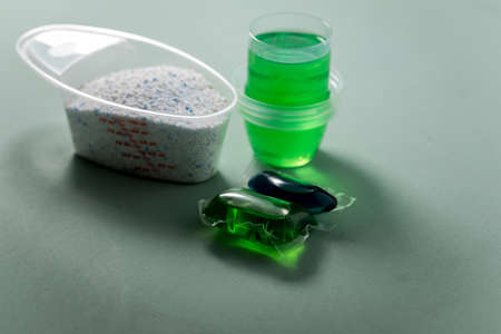 Laundry detergent sorts variety in powder, liquid gel and pod in washing dose