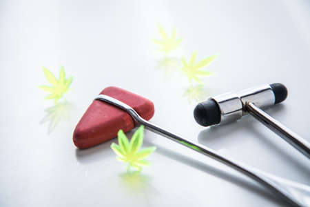 Cannabis marijuana hemp CBD as pain killer or medical therapy at neurologist doctors office with...