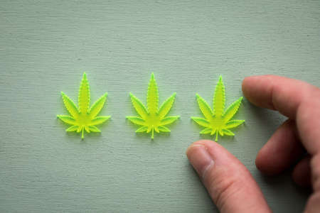 Woman taking 3 acrylic cannabis marijuana hemp leaves on green background