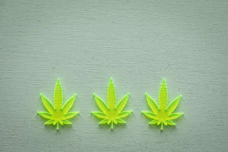 3 Cannabis marijuana hemp acrylic leaves on green background with copy spaceの写真素材