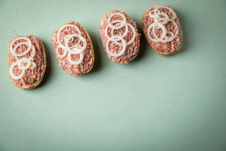 German snack bread roll buns with raw minced pork meat, butter, pepper and onion rings on mint green pastel backgroundの写真素材