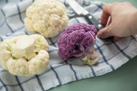 Woman cooking colorful rainbow cauliflower in purple and white on kitchen towel with knife on pastel green backgroundの写真素材