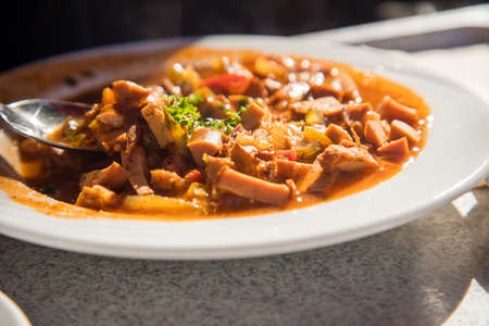 Man eating traditional Eastern Germany GDR DDR Soljanka soup is a stew with pepper, meat, sausage, parsley and lemon with spoon on canteen tray and outside terraceの写真素材