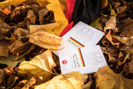 The constitution basic law book of Germany in German and Arabic language on flag and fall autumn leavesのeditorial素材