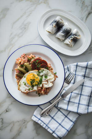 North German Hamburg Labskaus is a delicacy with corned beef, potatoes, beetroot, pickled gherkins, fried egg and herring on enamel plateの写真素材
