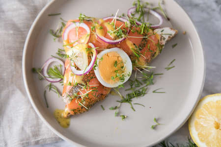 Gravlax a raw, marinated graved salmon on toast bread with Scandinavian mustard sauce, dill, cress, egg, onion rings on porcelain plate linen towel and light marble backgroundの写真素材