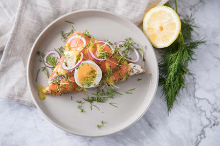 Gravlax a raw, marinated graved salmon on toast bread with Scandinavian mustard sauce, dill, cress, egg, onion rings on porcelain plate linen towel and light marble backgroundの写真素材