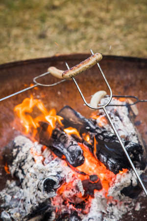 German pork Bratwurst sausage roasting on skewer over campfire of metal fire bowl in gardenの写真素材