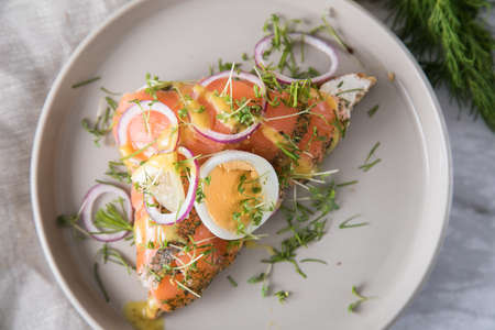 Gravlax a raw, marinated graved salmon on toast bread with Scandinavian mustard sauce, dill, cress, egg, onion rings on porcelain plate linen towel and light marble backgroundの写真素材