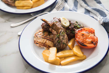 Grill platter with beef steak, chicken and lamp filet, steakhouse fries, grilled tomato, herb butter on emailed white blue plate, kitchen towel and light marble backgroundの写真素材
