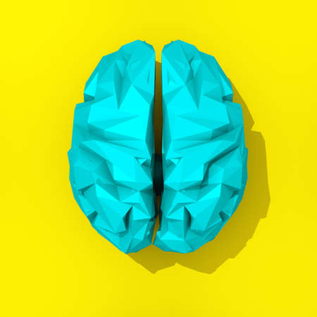 Blue low poly brain illustration on yellow backgroundの写真素材