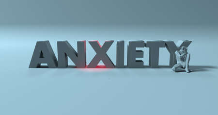 3d render of suffering, pressured man near anxiety text sign illustrationの写真素材