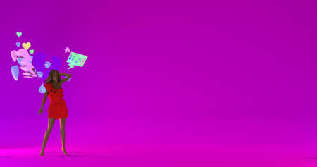 Emotional Low poly beautiful woman illustration, hearts, dialogue cloud and tear, 3d renderの写真素材