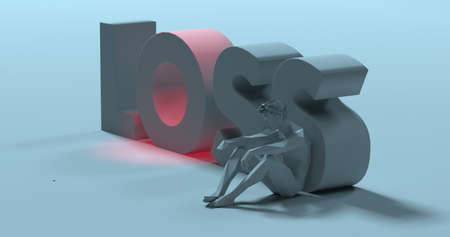 Lonely sad man low poly 3d render sitting near Loss lettering text illustrationの写真素材