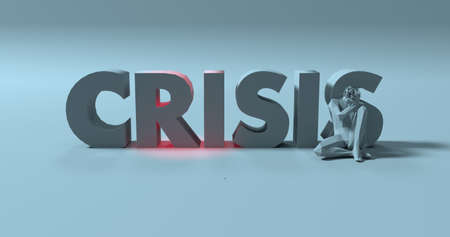 Crisis lettering text next to stressed sitting man 3d render illustrationの写真素材