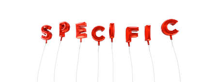 SPECIFIC - word made from red foil balloons - 3D rendered.  Can be used for an online banner ad or a print postcard.の写真素材