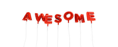 AWESOME - word made from red foil balloons - 3D rendered.  Can be used for an online banner ad or a print postcard.の写真素材