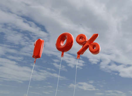 10% - red foil balloons on blue sky - 3D rendered royalty free stock picture. This image can be used for an online website banner ad or a print postcard.の写真素材