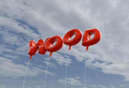WOOD - red foil balloons on blue sky - 3D rendered royalty free stock picture. This image can be used for an online website banner ad or a print postcard.の写真素材