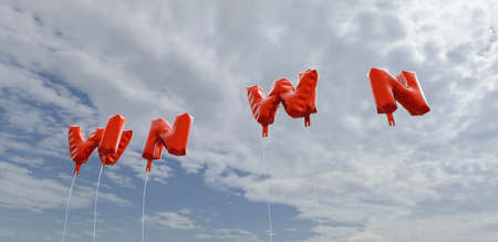 WIN WIN - red foil balloons on blue sky - 3D rendered royalty free stock picture. This image can be used for an online website banner ad or a print postcard.の写真素材