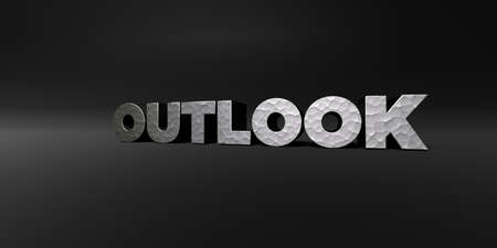 OUTLOOK - hammered metal finish text on black studio - 3D rendered royalty free stock photo. This image can be used for an online website banner ad or a print postcard.の写真素材