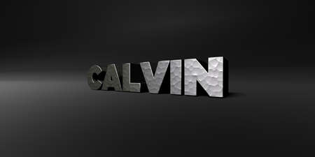 CALVIN - hammered metal finish text on black studio - 3D rendered royalty free stock photo. This...