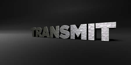 TRANSMIT - hammered metal finish text on black studio - 3D rendered royalty free stock photo. This image can be used for an online website banner ad or a print postcard.の写真素材