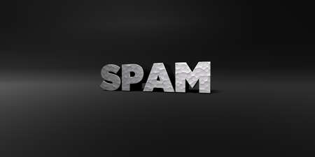 SPAM - hammered metal finish text on black studio - 3D rendered royalty free stock photo. This image can be used for an online website banner ad or a print postcard.の写真素材