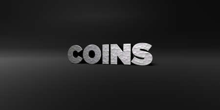 COINS - hammered metal finish text on black studio - 3D rendered royalty free stock photo. This image can be used for an online website banner ad or a print postcard.の写真素材
