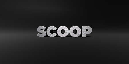 SCOOP - hammered metal finish text on black studio - 3D rendered royalty free stock photo. This image can be used for an online website banner ad or a print postcard.の写真素材
