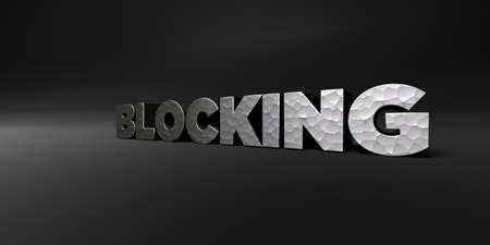BLOCKING - hammered metal finish text on black studio - 3D rendered royalty free stock photo. This...