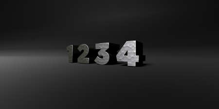 1 2 3 4 - hammered metal finish text on black studio - 3D rendered royalty free stock photo. This image can be used for an online website banner ad or a print postcard.の写真素材