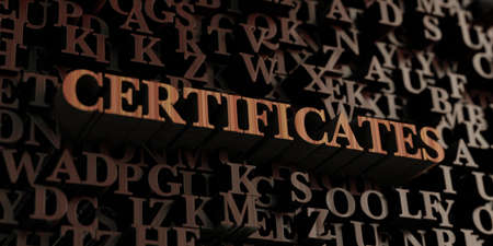Certificates - Wooden 3D rendered letters/message.  Can be used for an online banner ad or a print postcard.の写真素材