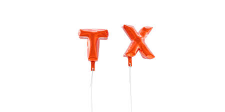 TX - word made from red foil balloons - 3D rendered.  Can be used for an online banner ad or a print postcard.の写真素材