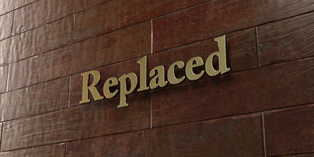 Replaced - Bronze plaque mounted on maple wood wall  - 3D rendered royalty free stock picture. This image can be used for an online website banner ad or a print postcard.の写真素材