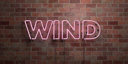 WIND - fluorescent Neon tube Sign on brickwork - Front view - 3D rendered royalty free stock picture. Can be used for online banner ads and direct mailers.の写真素材