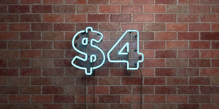$4 - fluorescent Neon tube Sign on brickwork - Front view - 3D rendered royalty free stock picture....