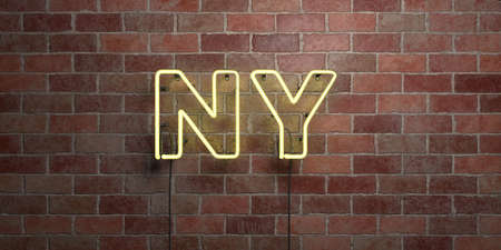 NY - fluorescent Neon tube Sign on brickwork - Front view - 3D rendered royalty free stock picture. Can be used for online banner ads and direct mailers.の写真素材