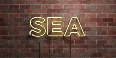 SEA - fluorescent Neon tube Sign on brickwork - Front view - 3D rendered royalty free stock picture. Can be used for online banner ads and direct mailers.の写真素材