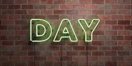 DAY - fluorescent Neon tube Sign on brickwork - Front view - 3D rendered royalty free stock picture. Can be used for online banner ads and direct mailers.の写真素材