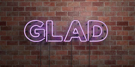 GLAD - fluorescent Neon tube Sign on brickwork - Front view - 3D rendered royalty free stock picture. Can be used for online banner ads and direct mailers.の写真素材