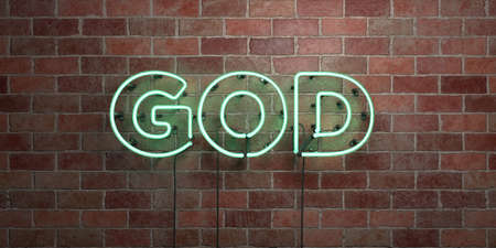 GOD - fluorescent Neon tube Sign on brickwork - Front view - 3D rendered royalty free stock picture. Can be used for online banner ads and direct mailers.の写真素材