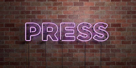 PRESS - fluorescent Neon tube Sign on brickwork - Front view - 3D rendered royalty free stock picture. Can be used for online banner ads and direct mailers.の写真素材