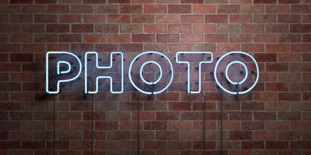 PHOTO - fluorescent Neon tube Sign on brickwork - Front view - 3D rendered royalty free stock picture. Can be used for online banner ads and direct mailers.の写真素材