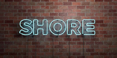 SHORE - fluorescent Neon tube Sign on brickwork - Front view - 3D rendered royalty free stock picture. Can be used for online banner ads and direct mailers.の写真素材