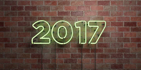 2017 - fluorescent Neon tube Sign on brickwork - Front view - 3D rendered royalty free stock...